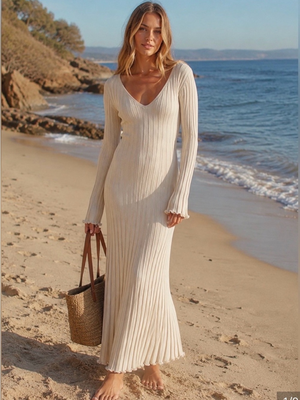 DISSH Cream Ribbed V-Neck Long Sleeve Midi Dress